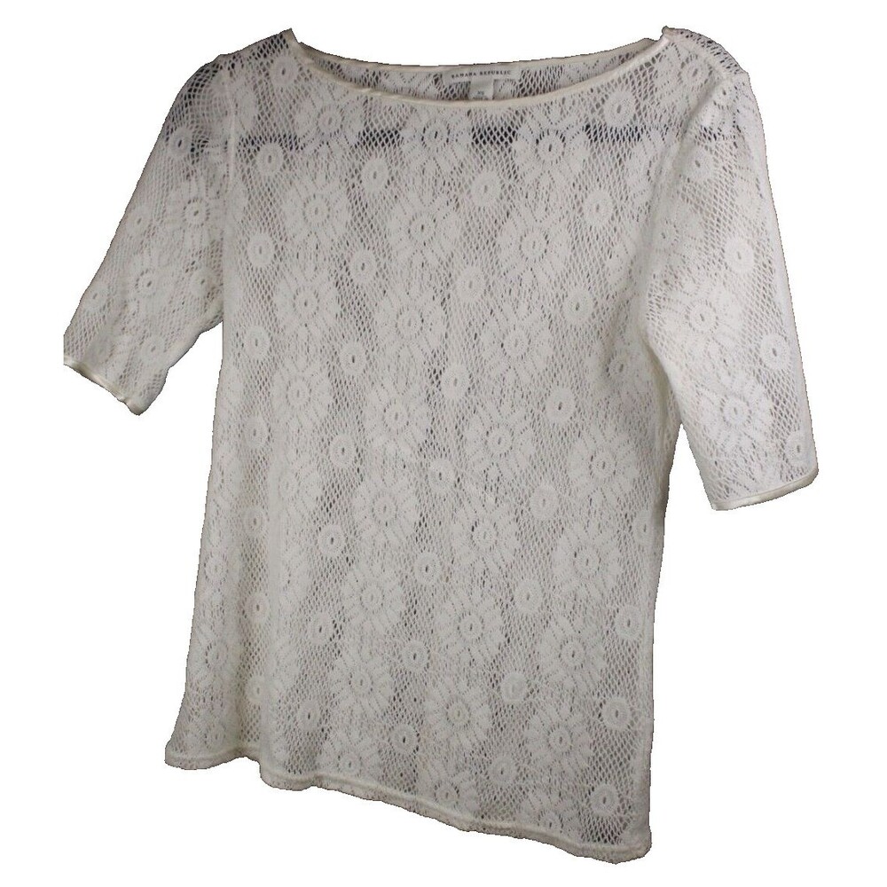 Banana Republic White Knit Pullover Blouse Top XS Extra Small 3/4 Sleeve Casual